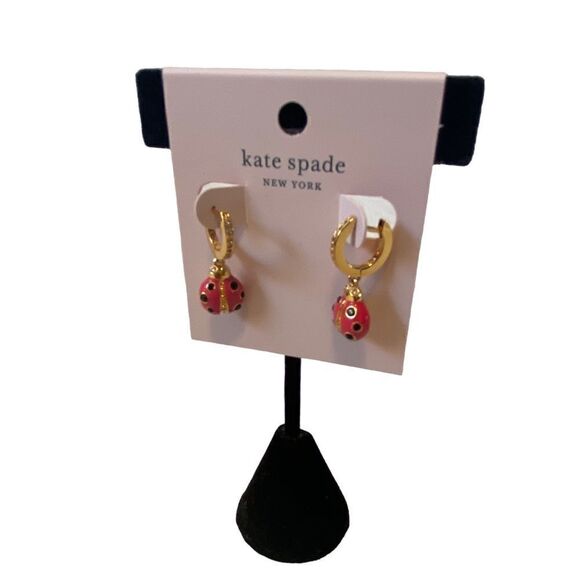 Kate spade beautiful red, black, gold & pave crystal ladybug huggie hoops. - Picture 3 of 6